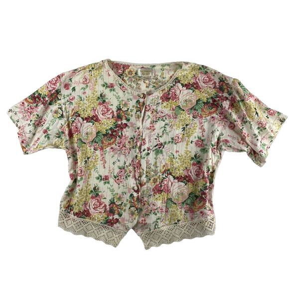 Vintage Victoria's Secret Tan Floral Short Sleeve Button-Up Sleep Top M - Picture 1 of 3